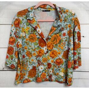 Zara Floral Button Up Shirt Womens Small Blue Orange Rose Print Cropped Blouse